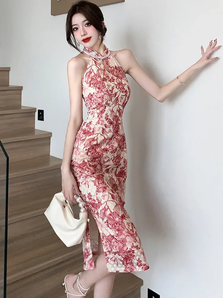 Gaun Belah Tanpa Lengan Seksi Musim Panas Cheongsam Kerah Mandarin Tradisional Tiongkok Qipao Panjang Gambar Cetak Wanita Merah Vestidos Elegan
