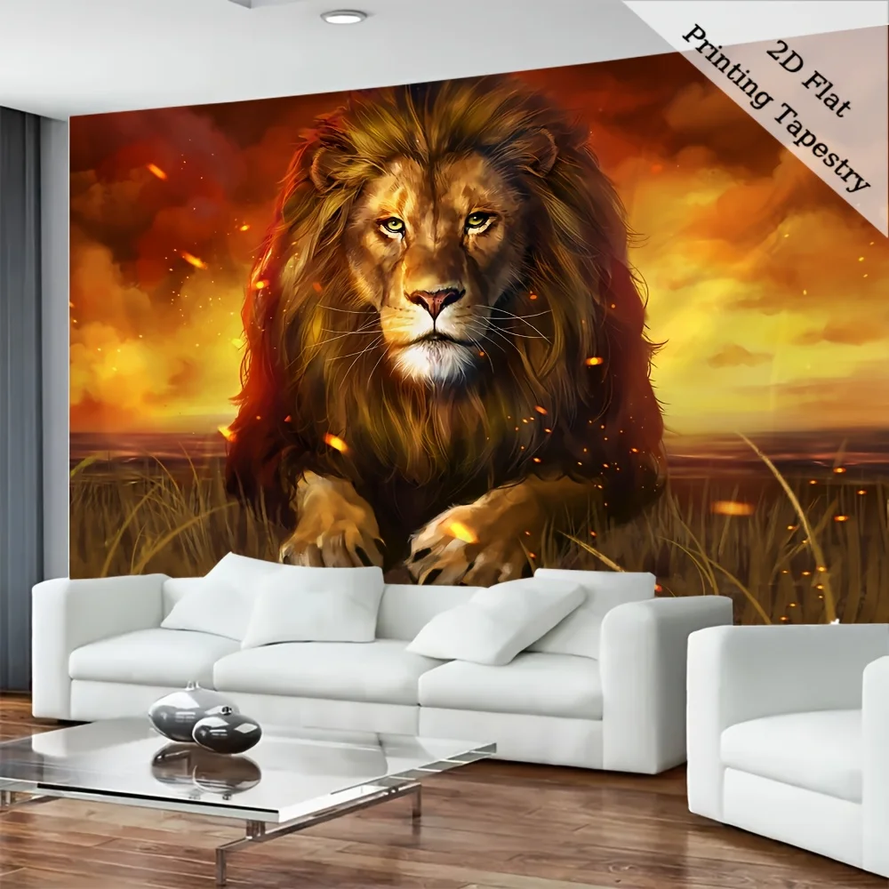 Majestätischer Löwe Wandteppich mit Feueraugen, Grasland-Landschaftskunst, Stoffposter für Wohnzimmer, Schlafzimmer, Hintergrunddekoration