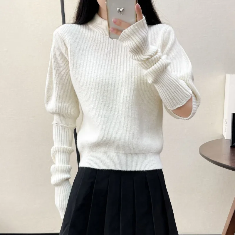 Round Neck Pullover Knitted Bottoming Shirt Autumn and Winter Design Sense Bubble Sleeve Top Detachable Sleeve Sweater