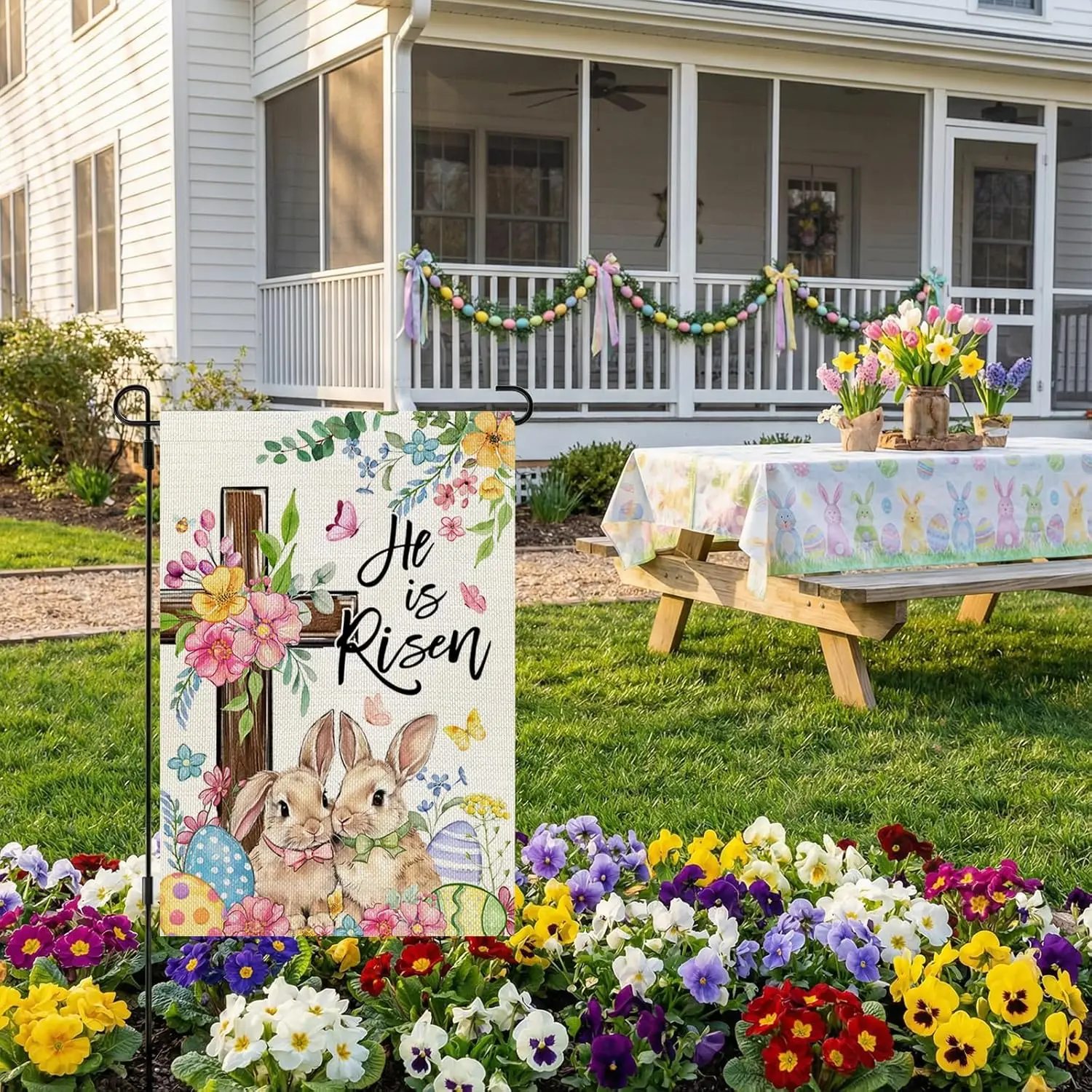 CROWNED BEAUTY Easter Garden Flag He is Risen Cross Bunnies 12x18 Inch Double Sided Floral Holiday Decoration for Outdoor La PPM