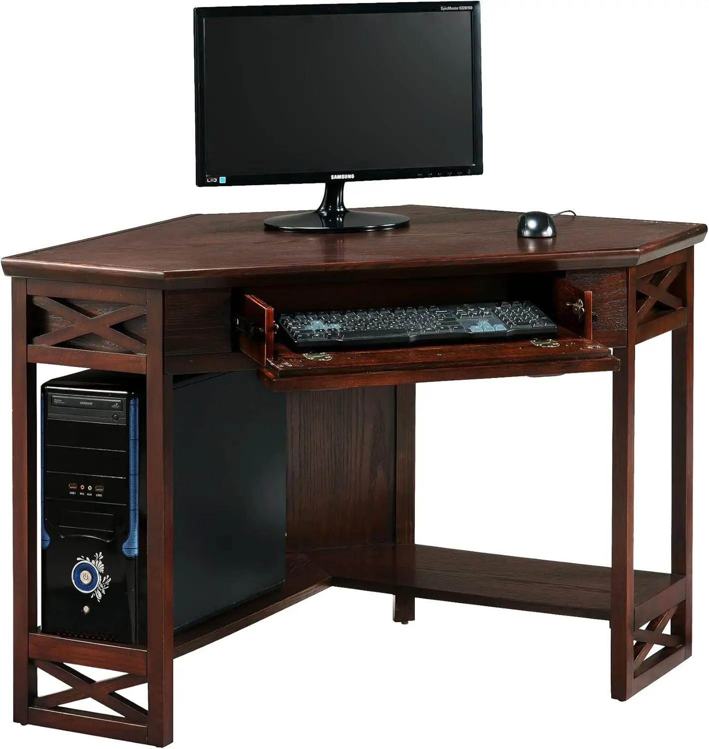 81430 Corner Computer/Writing Desk With Drawer And Shelf, Made With Solid Wood, Chocolate Oak