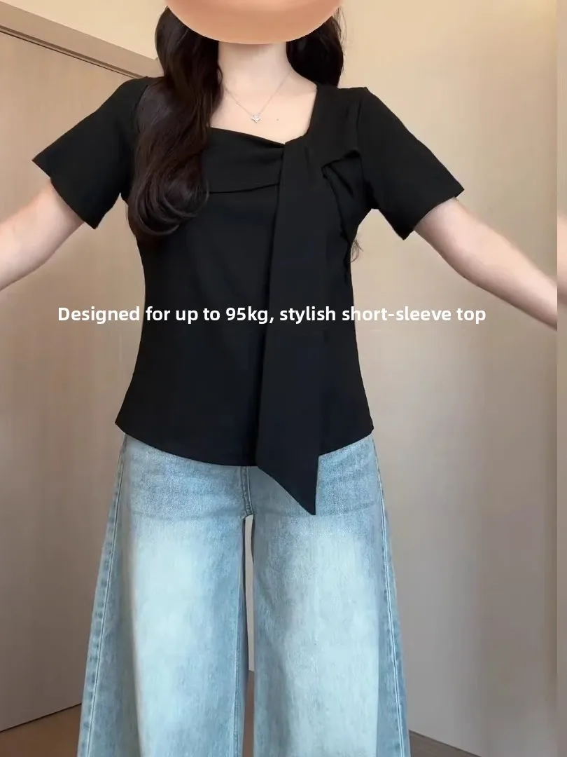 Camiseta de algodón puro con cuello cuadrado y manga corta para mujer, diseño irregular de verano, talla grande, que disimula la silueta y estiliza el cuerpo.