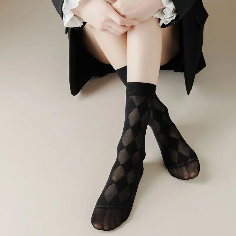 Women's Socks Summer Glass Fiber Thin Diamond Patterned Checkerboard Patterned Socks Fashionable Black White Japanese Style Sock