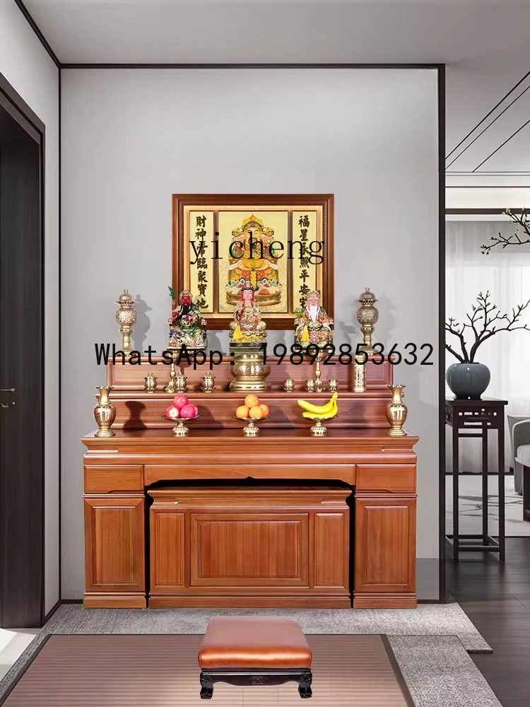 Household stepped Buddhist shrine cabinet three-layer solid wood new Chinese simple Buddhist altar middle hall table