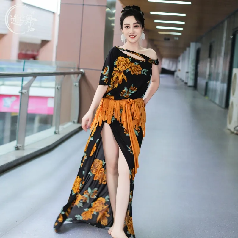 カスタマイズされた女性ベリーダンス衣装ドレス水ガーゼプリント東部ダンスパフォーマンス衣装スプリットワンピースローブ