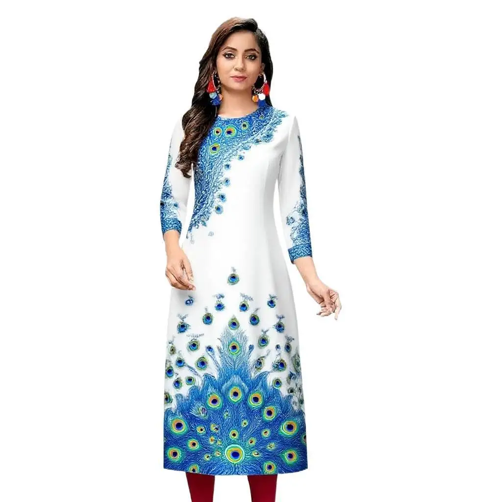 Sukienka Kurt damska, modna i elegancka, z długim rękawem, o prostym kroju, codzienna, z okrągłym dekoltem, kolorowa sukienka z wzorem pawiego pióra.