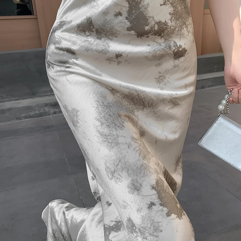 Koreaanse stijl elegante satijnen tie-dye bodycon vintage lange rok dames lente zomer mode hoge taille casual zeemeermin rokken