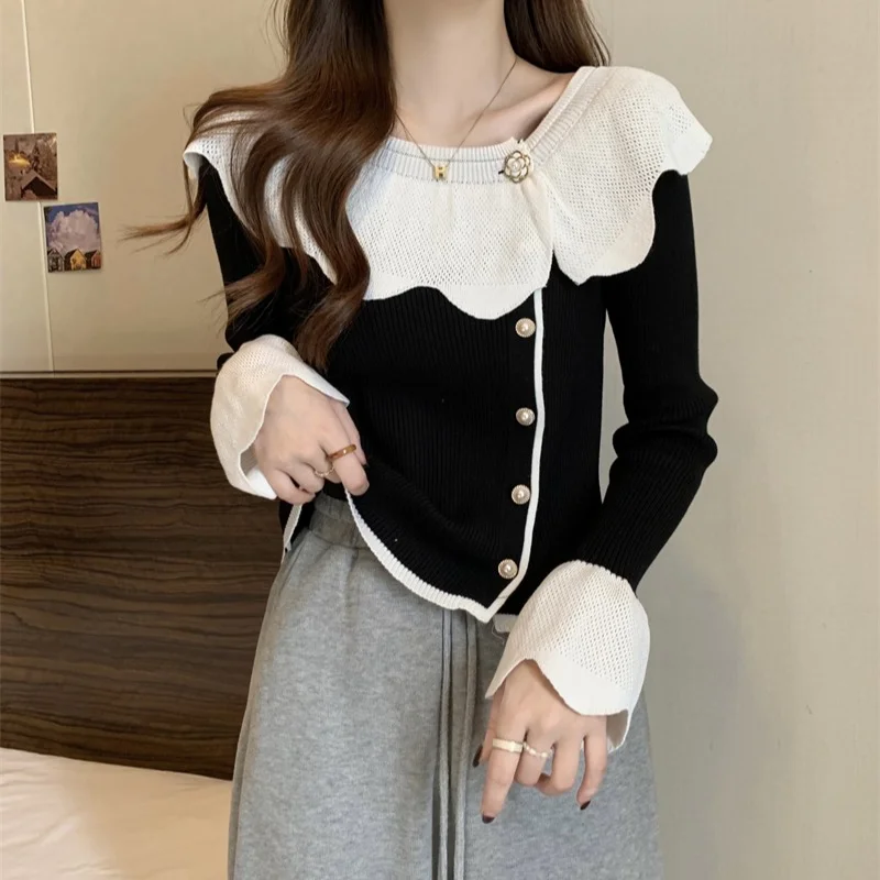 Slim Knitting Short Sweaters Spring Autumn New Long Sleeve Solid Color Button Korean Pullovers Top Fashion Casual Women Clothing