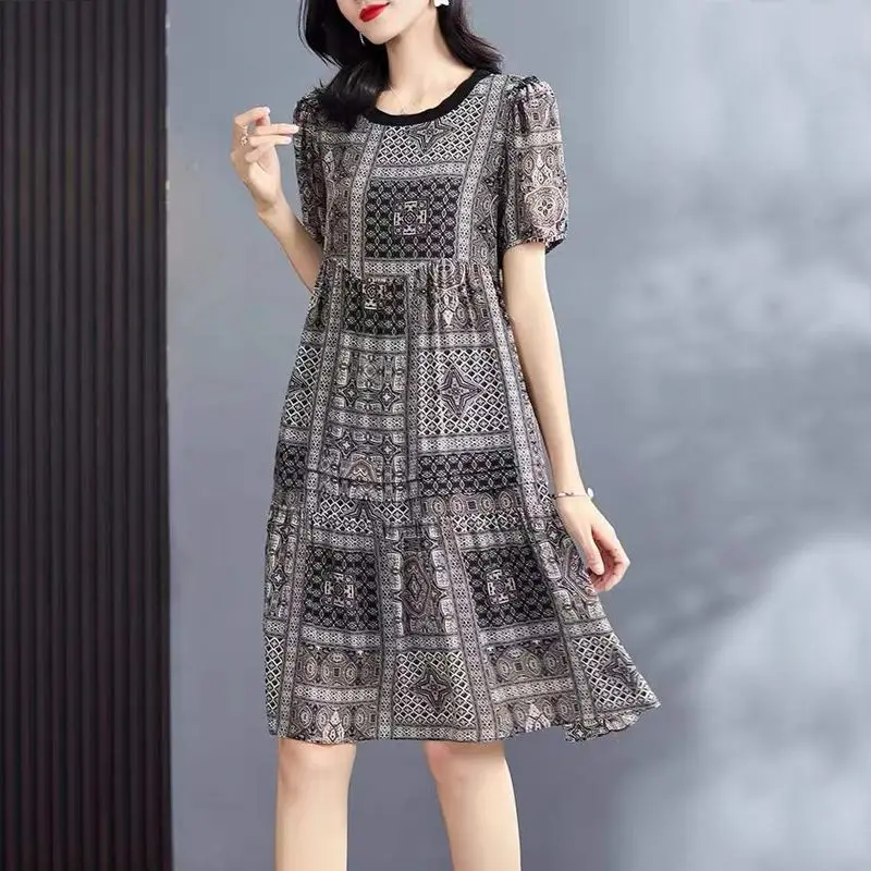 

Fashion Round Neck Female Clothing Geometric Printing Summer 100% Mulberry Silk Vintage Patchwork Slim Midi A-line Dress