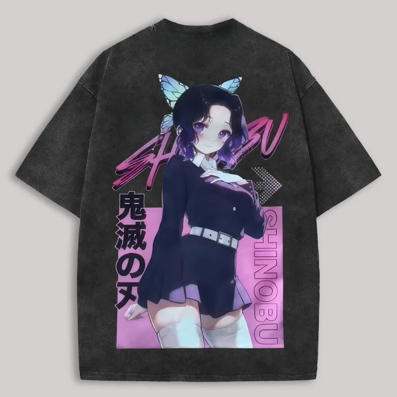 Kochou Shinobu Demon Slayer T-shirt Anime Cute Graphic lavato T-shirt oversize Uomo Donna Abbigliamento Manica corta in cotone morbido Tees