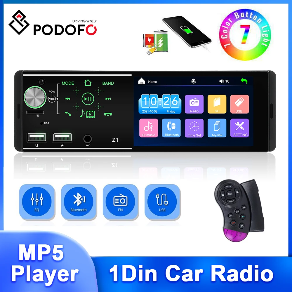 

MP5-плеер Podofo 1Din, сенсорный экран, мультимедийный плеер Mirror Link, Bluetooth, USB-зарядка, управление рулевым колесом, IPS 12 В, автомобильная аудиосистема