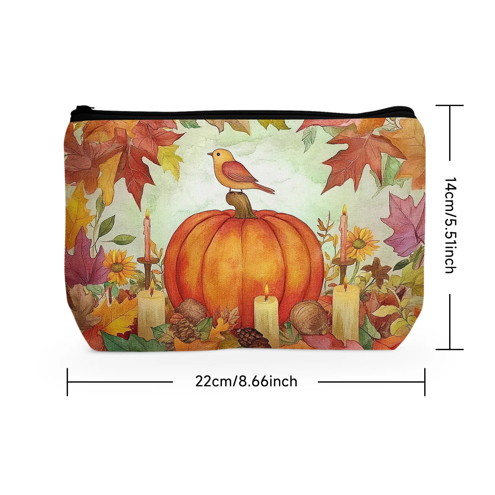 1Pc Halloween Pumpkin Cosmetic Bag With Bird And Maple Leaf Pattern Portable Cosmetic Bag For Women