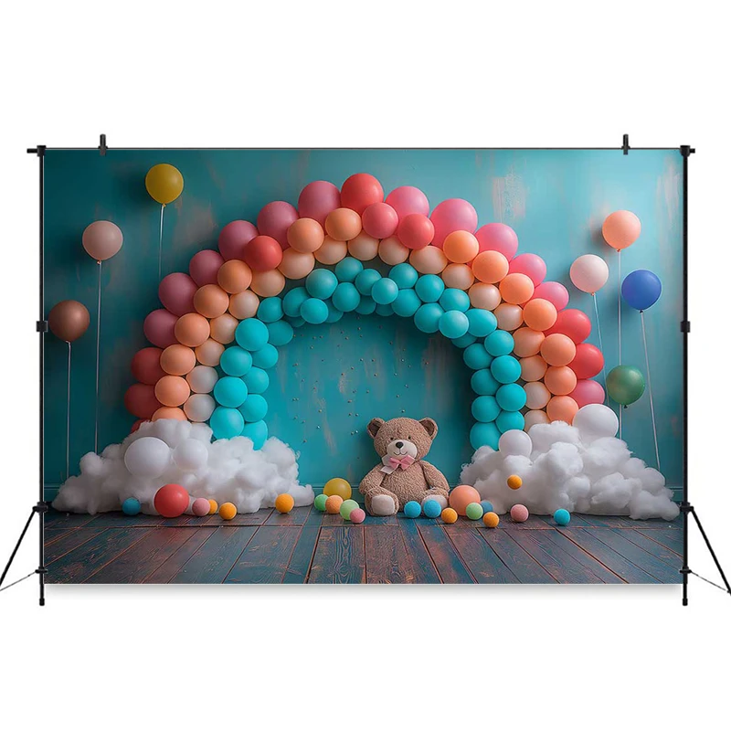 สายรุ้งหมีการถ่ายภาพฉากหลังBluey Skyเมฆสีขาวลูกโป่งที่มีสีสันพื้นหลังเด็กวันเกิดDecor Photo Studio