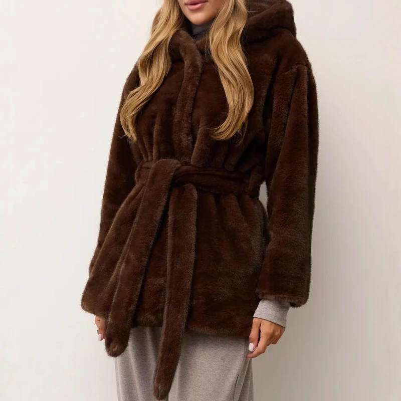 

Winter Imitation Mink Fur Jacket Medium and Long Hooded Belt Artificial Fur Environmentally Friendly Fur Coat Women