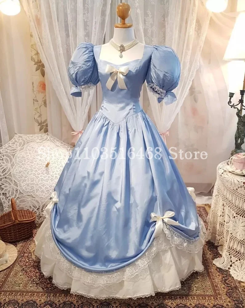 Fluffy Victorian Prom Dress Sky Blue Satin Bubble Sleeve Fantasy Bow Lace Ruffle Masquerade платье вечернее