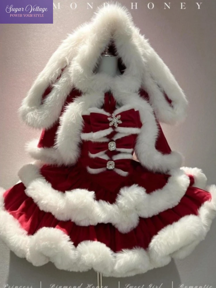 Elegant Luxury Sweet Lolita Christmas Princess Set Women Red Furry Bunny-Ear Cloak + Bow Puff Dress Cute Festive Fashion Outfit