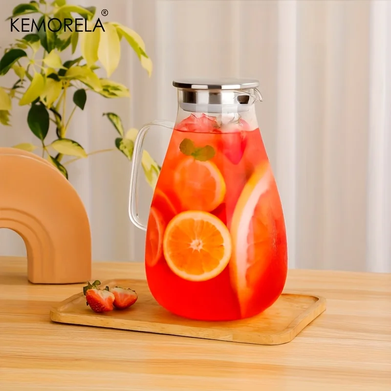 2L Glass Pitcher With Lid - Sturdy Handle Base For Iced Tea Coffee Juice & Homemade Drinks Hot/Cold Resistant Dishwasher_maomaolike.com