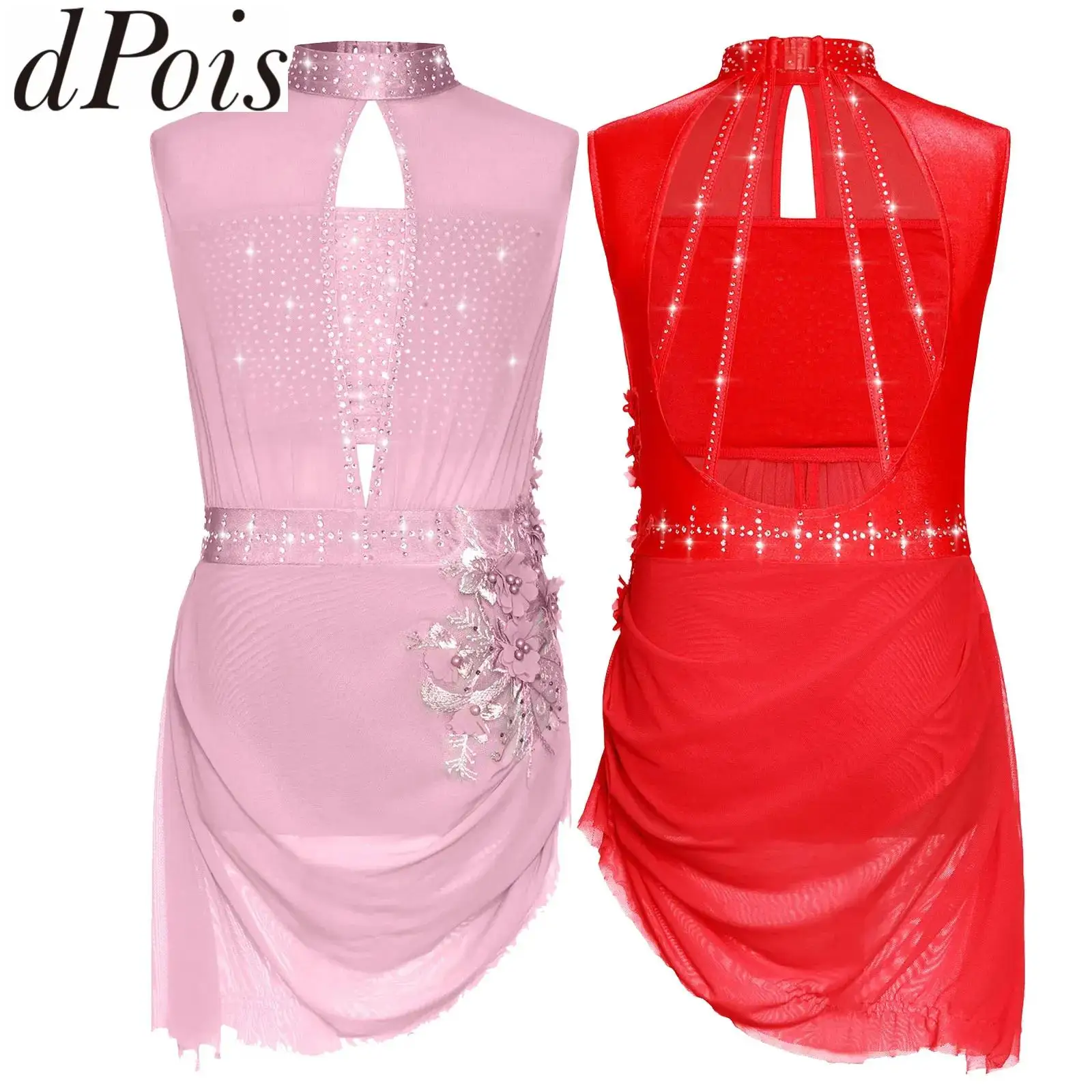 Girls Applique Figure Skating Dress Rhinestone Gymnastics Leotard Dress Mesh Splice Ballet Lyrical Competition Dance Costumes