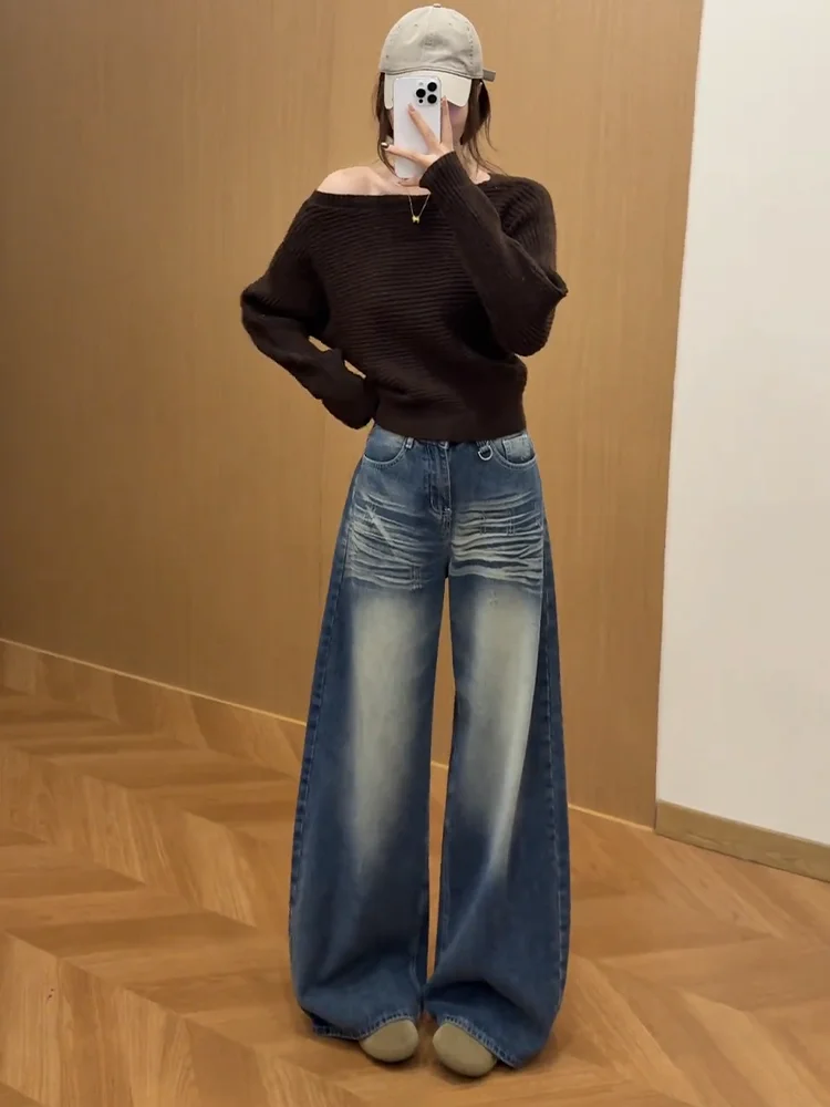 Large Size American Retro Washed Bleached Wide Leg Jeans Women Loose Casual Slimming Floor Length Pants High Waist Jeans