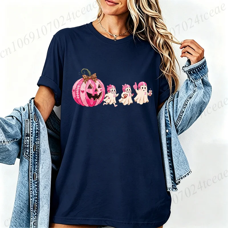 Pink Pumpkin Ghost Tee Shirts Breast Cancer Halloween Shirt T-Shirts in October We Wear Pink T-Shirts Short Sleeve Women's Tops