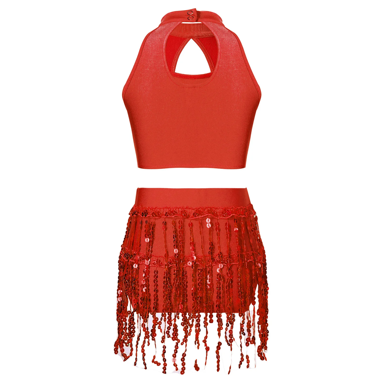 Kinder Mädchen Gymnastik Künstlerisches Skating Kostüm Pailletten Ballett Jazz Latin Samba Tanz Outfit Hohl Neckholder Crop Top Fransen Shorts