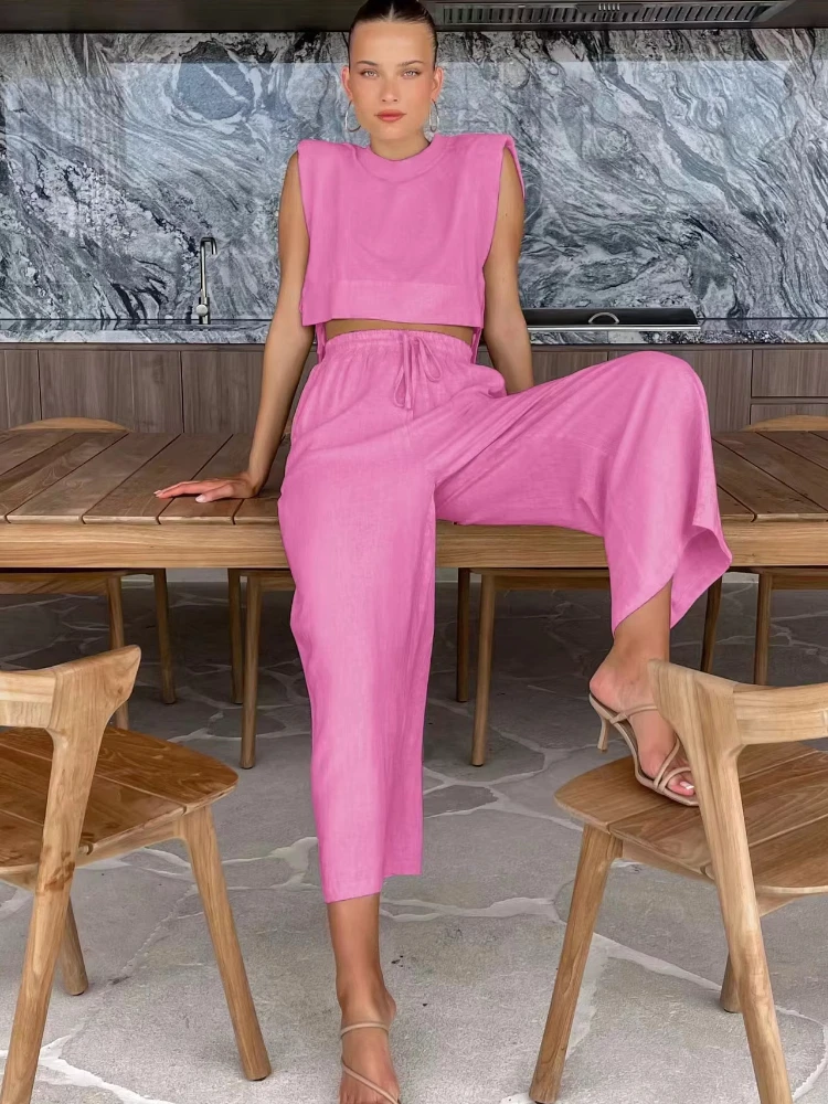 

Новые летние комплекты из хлопка и льна для офиса, женские короткие топы без рукавов на шнуровке, длинные брюки на шнуровке, комплект из двух предметов