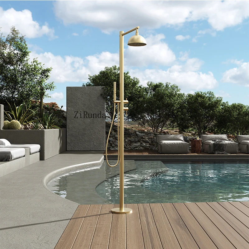 * Colonne de douche extérieure en acier inoxydable, Double poignée, doré brossé, plage, jardin, piscine extérieure, douche