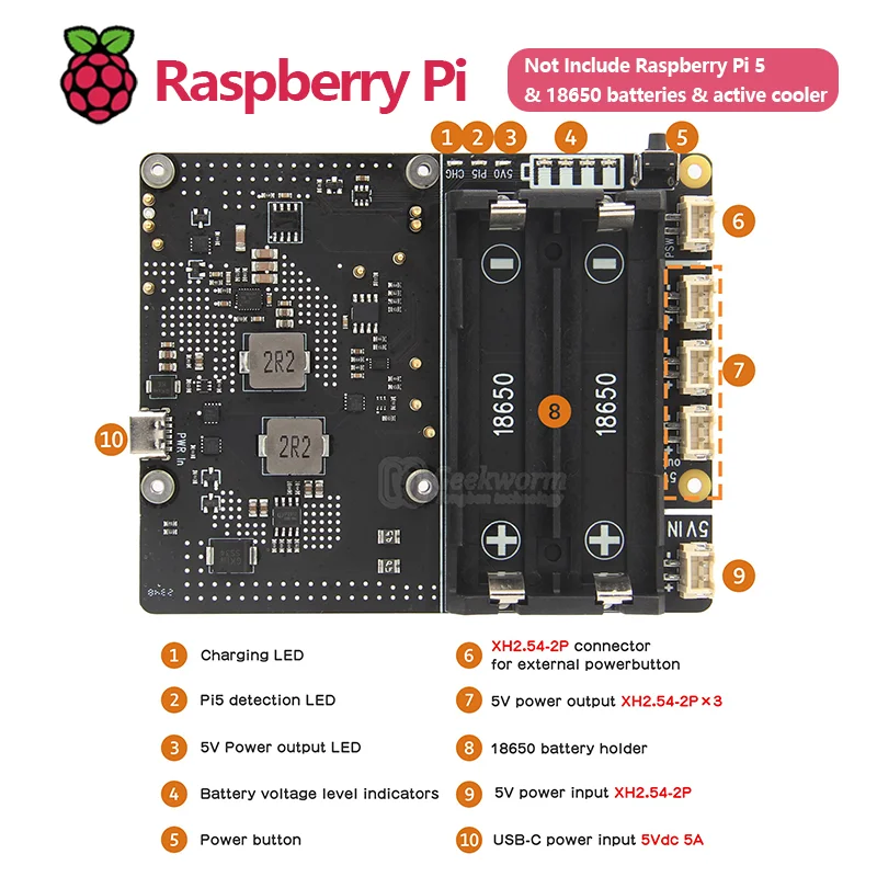 13HOT aglomerado Geekworm Raspberry Pi 5 18650 Ups, placa de administración de energía X1201 V1.1 con encendido automático para Pi 5