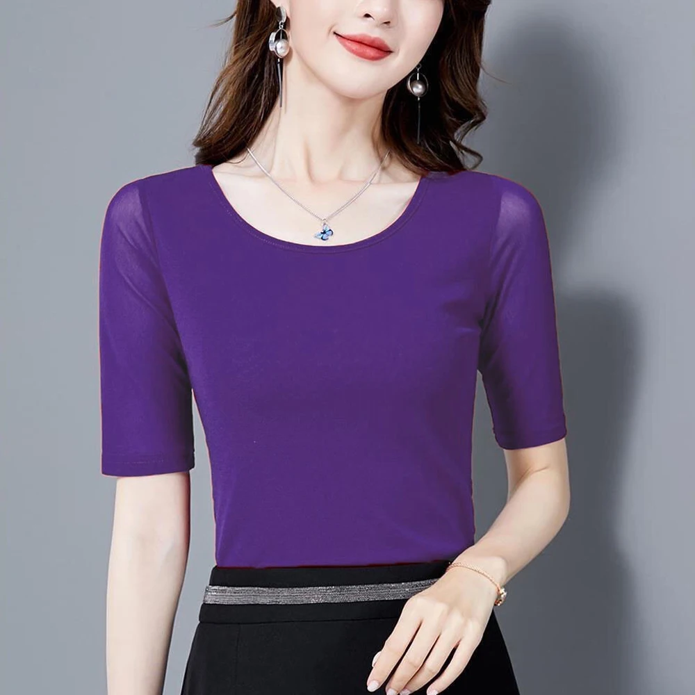 S-3XL de malla transparente para mujer, blusa fina de media manga con cuello redondo, color morado, azul, rojo y verde