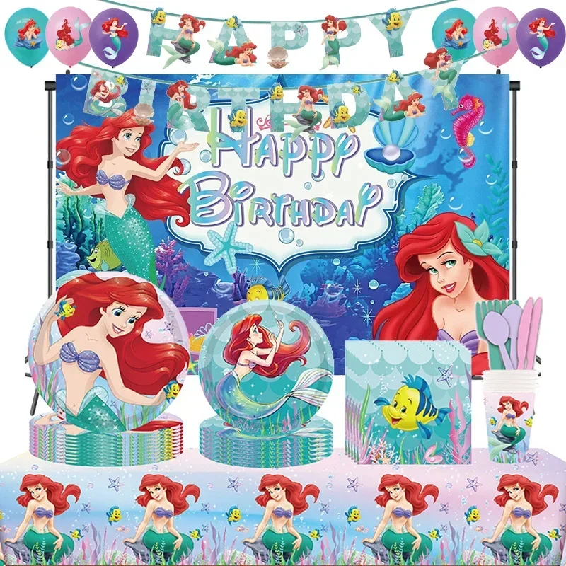 

Mermaid Ariel Princess Party Decor Girls Birthday Tableware Paper Plate Cup Napkins Table Cloth Happy Birthday Gift