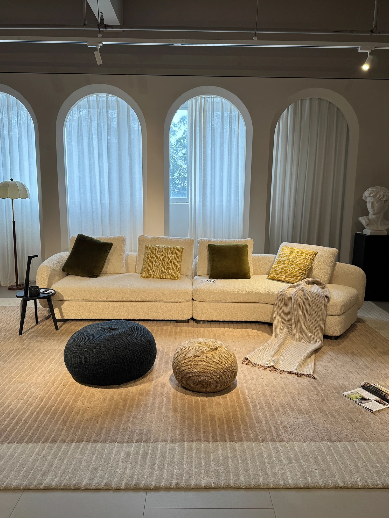 Cream Boucle Curved Sofa Rounded Armrest Pillow Back Deep Seat Scatter Pillows Included For Living Room Bedroom Villa Home Decor