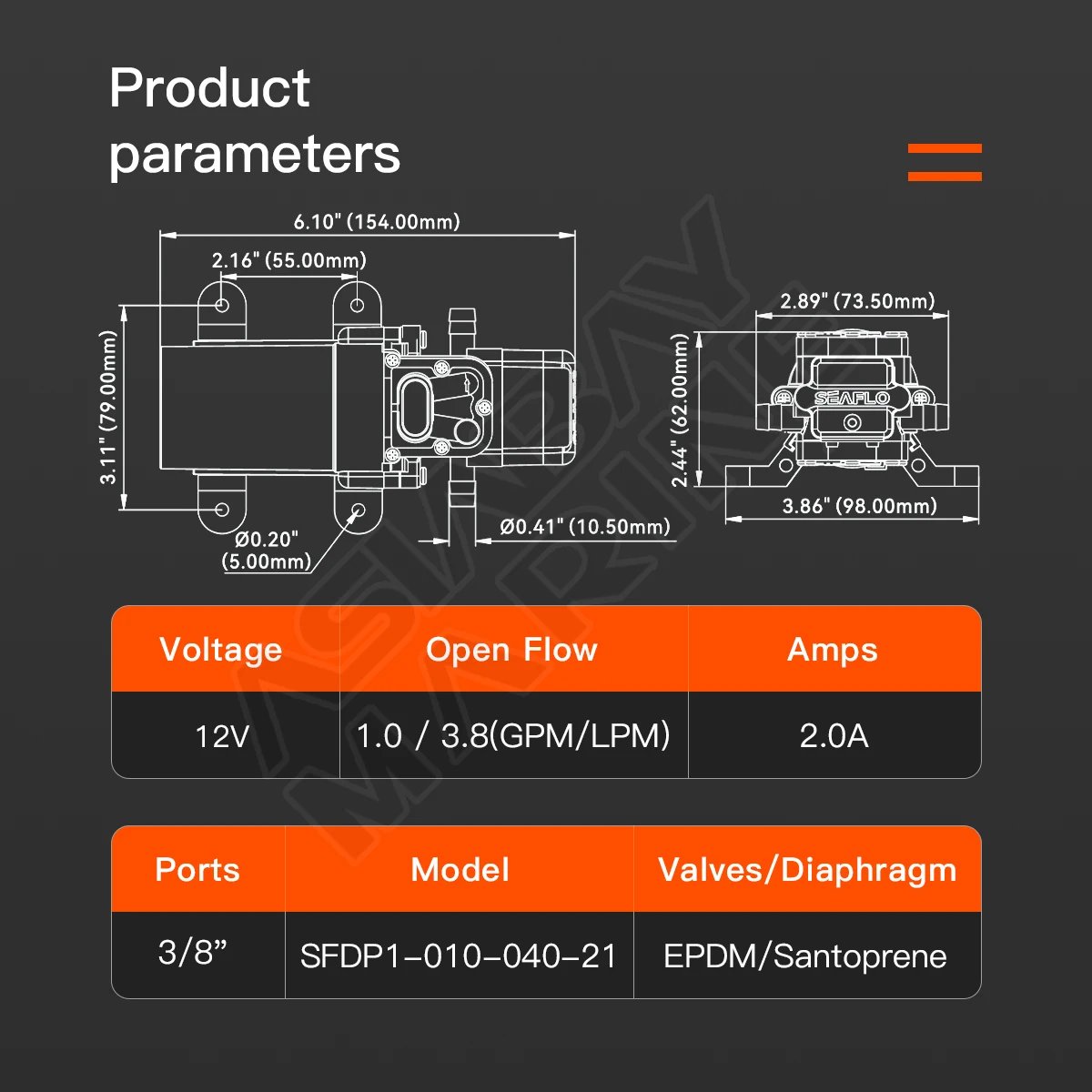 SEAFLO 21 Series Diaphragm Pump: 12V DC, 3.8LPM / 1.0GPM, for Caravan and Marine Use