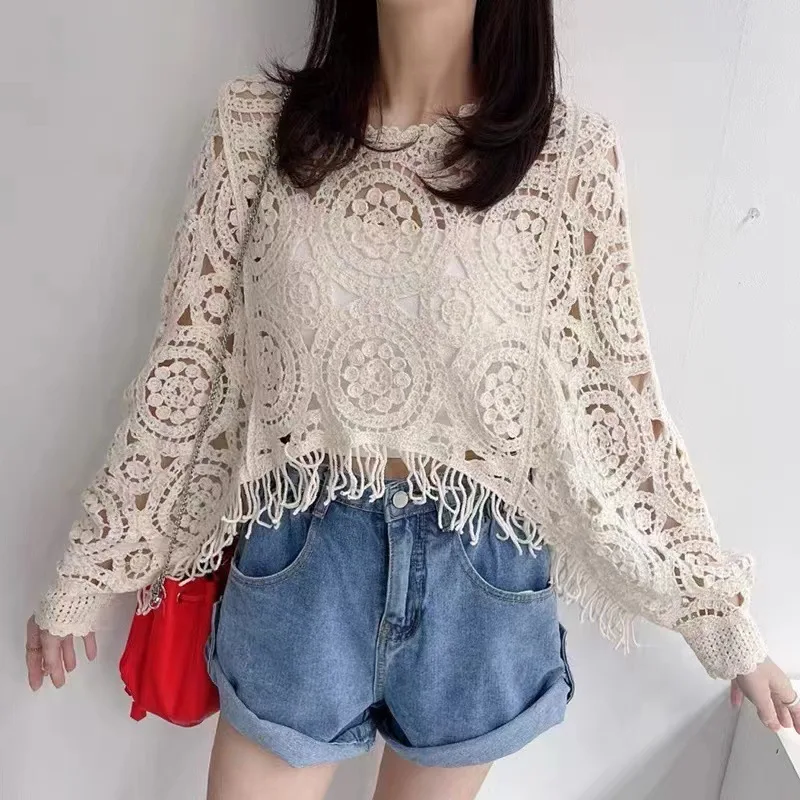 Hollow Crocheted Tassel Top Irregular Design Niche Sweater Long Sleeve Spring and Summer New Blouse Cotton