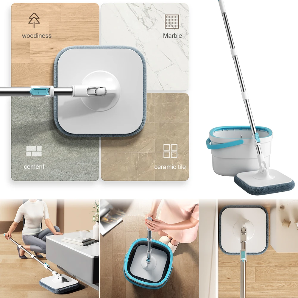 Clean Mop and Bucket System, Includes Square Spin Mop, Dual Compartment Mop Bucket and 4pcs Thick Machine Washable Mop Pads