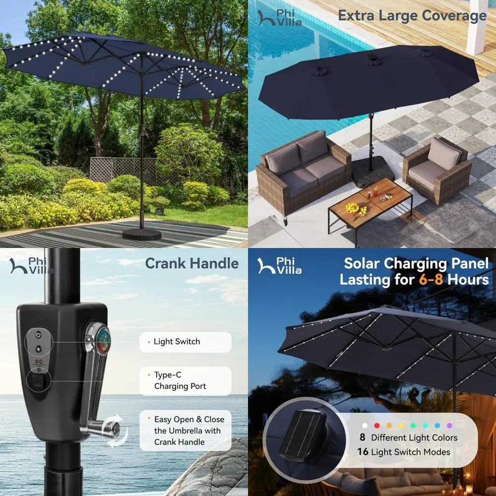 

Large 13ft Outdoor Solar-Powered LED Patio Umbrella, Navy Blue, Double-Sided Market Style Rectangle with 120 Lights, Ideal for B