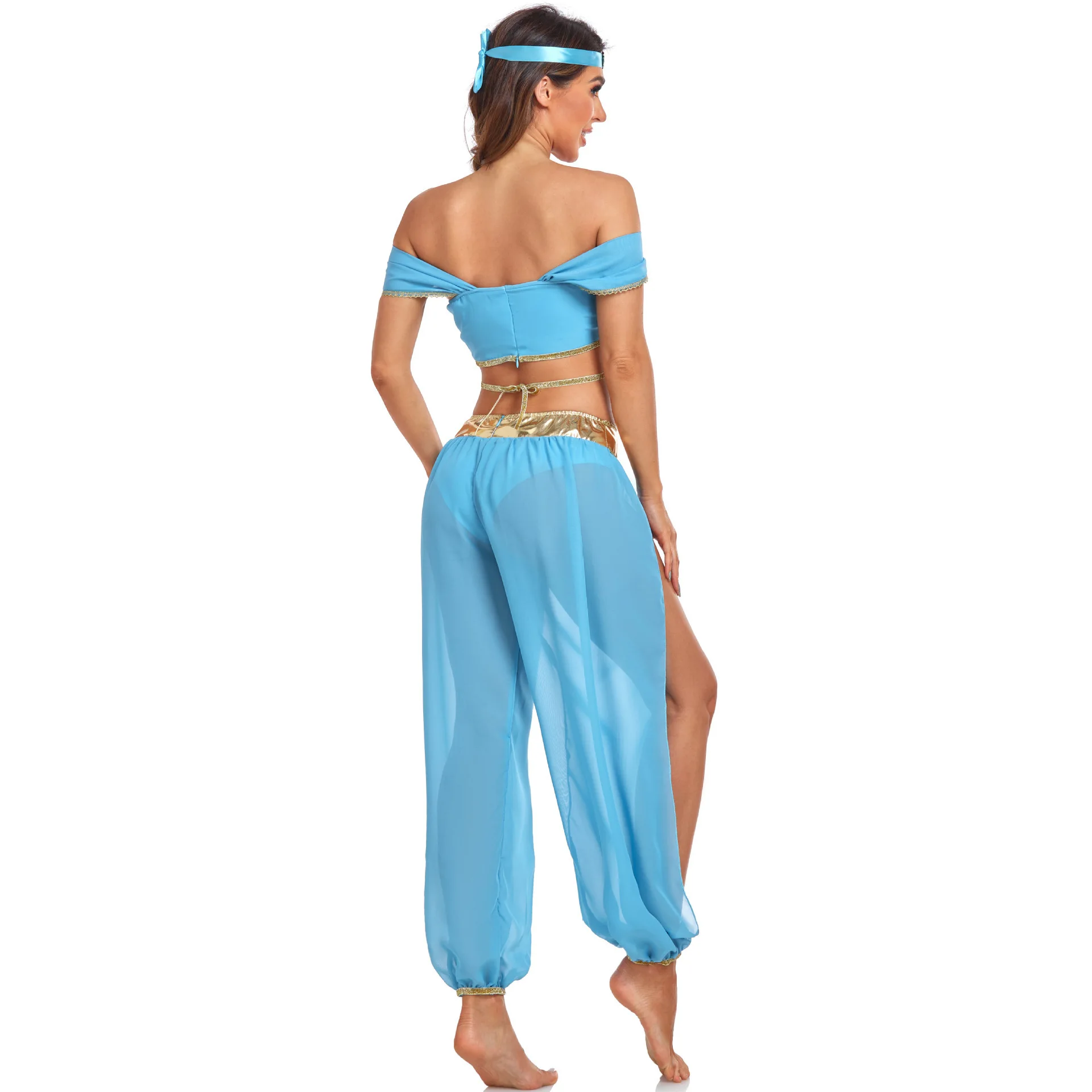 Aladdin Genie Lamp Princess Plays Costume for Halloween Belly Dance Show Costume Blue Crop Top and Pants with Headdress