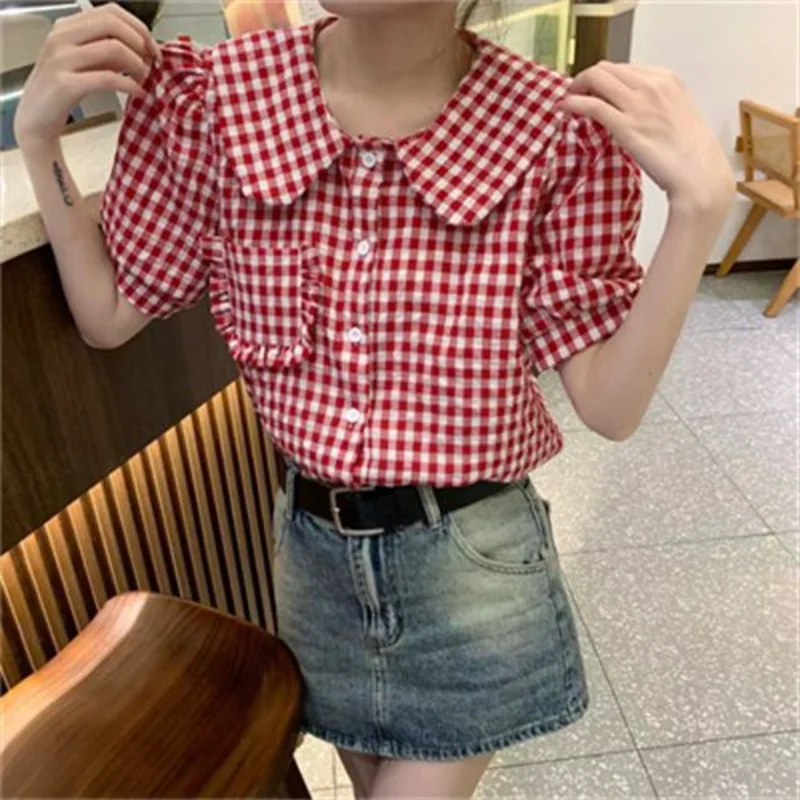 Lovely Shirts Women Vintage Girlish Short-sleeve Summer Plaid Chic Peter Pan Collar Leisure Students Ruched Aesthetic Designed