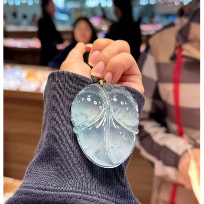 Ice- natural jadeite pendant with floral patterns and design, made from Burmese old mines, glass-type leaf-shaped jade