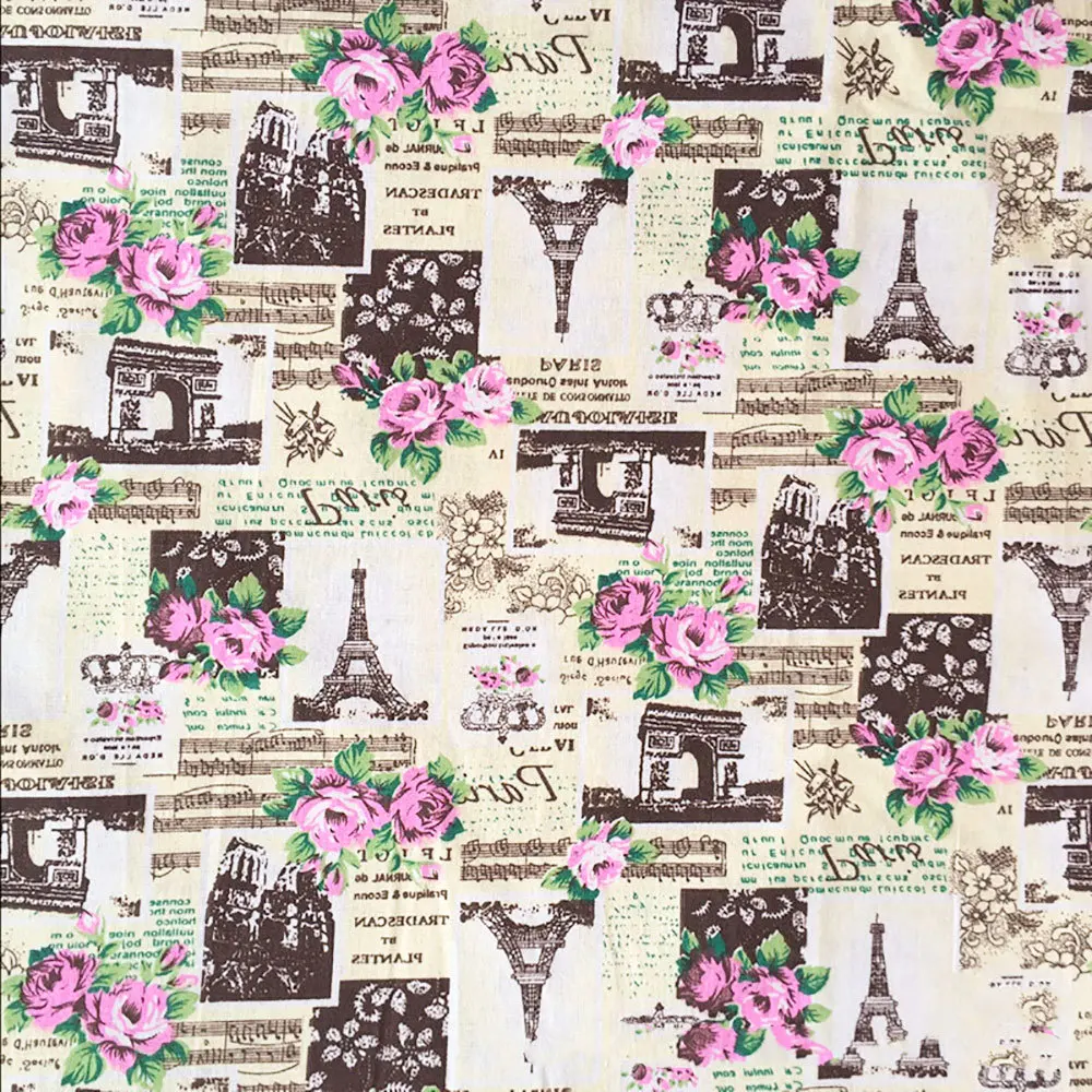 

100% Natural Cotton Linen Fabric 90x145cm Eiffel Tower Cartoon Printed Textile for Upholstery DIY Skirt Garment Home Decorative