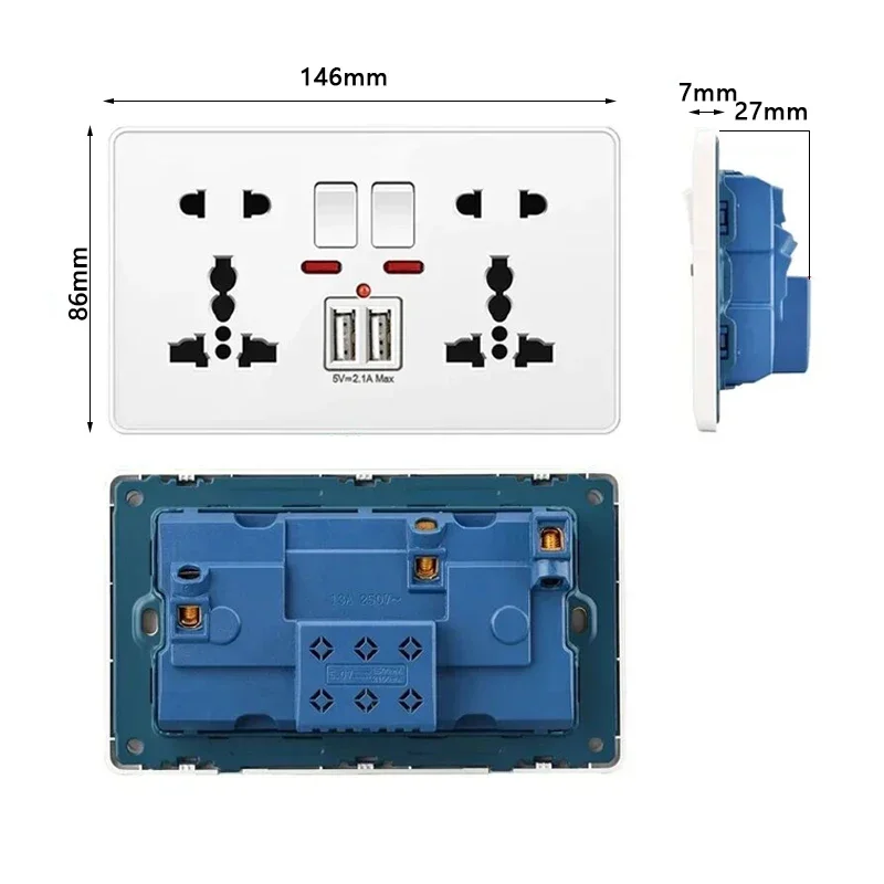 18W Type-C Plug Quick Charging Universal 5-pin Dual Power Socket,UK Standard 13A Wall Socket with DC 5V 3.1A Type-c USB Charger