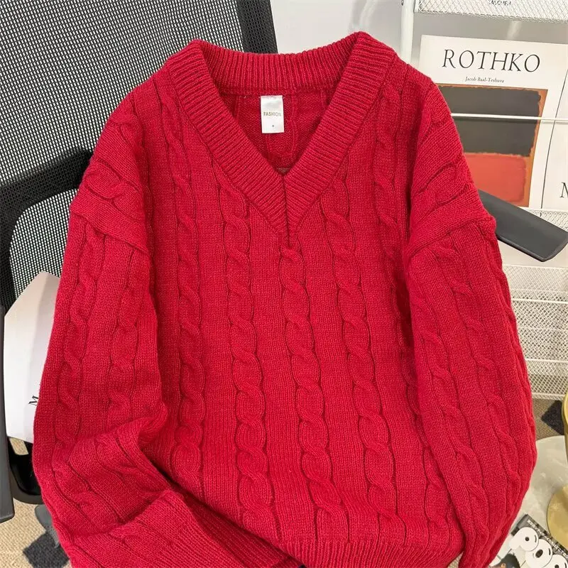 

New Year's Red Jacquard Sweater For Men Autumn/Winter Christmas V-neck Knitted Top American Casual Fashion Loose Pullover Tops