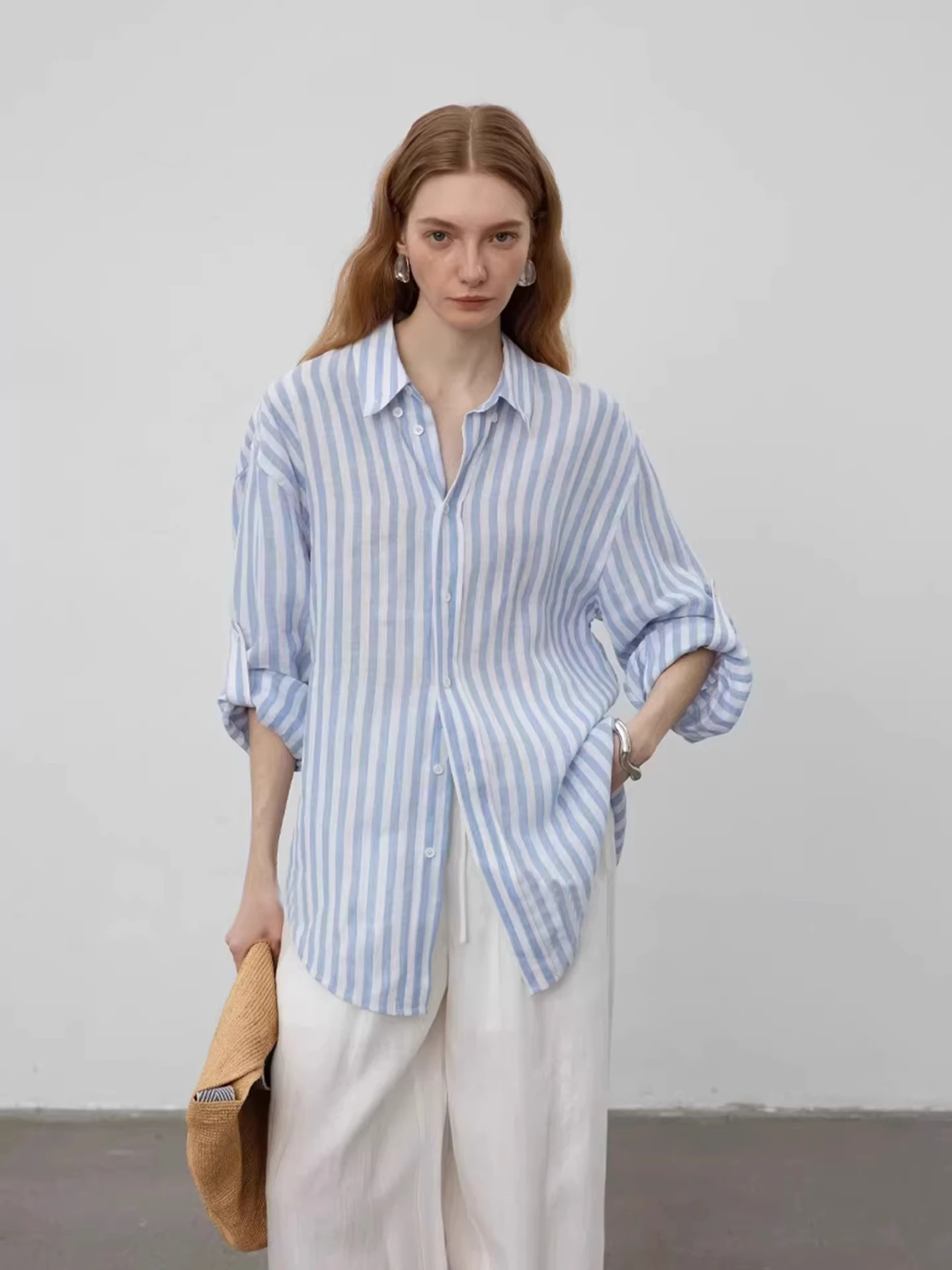 

Loose Women's Summer Shirt Blue White Stripes Sun Protection Casual Versatile Anti-Aging Top Trendy Brand Buckle Euro Style