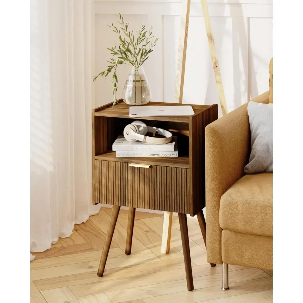 

Nightstand,with Storage Drawer and Open Wood Shelf, for Living Room, Accent Night Stand with Solid Wood Legs, Easy Assembly