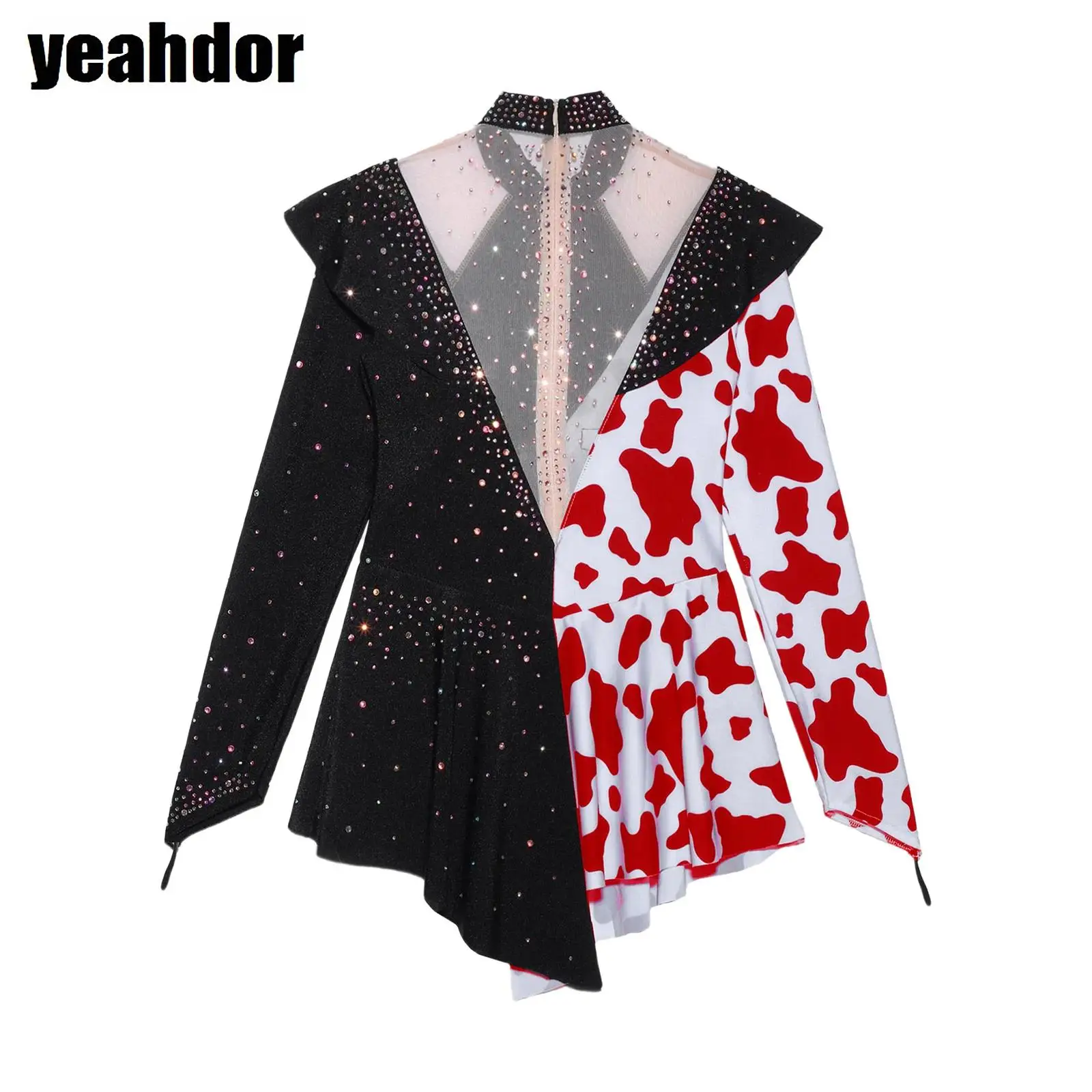 

Girl Cow Print Dress Rhinestone Halloween Cowboy Cosplay Costumes Dress Mock Neck Mesh Long Sleeve Asymmetric Ballet Dancewear