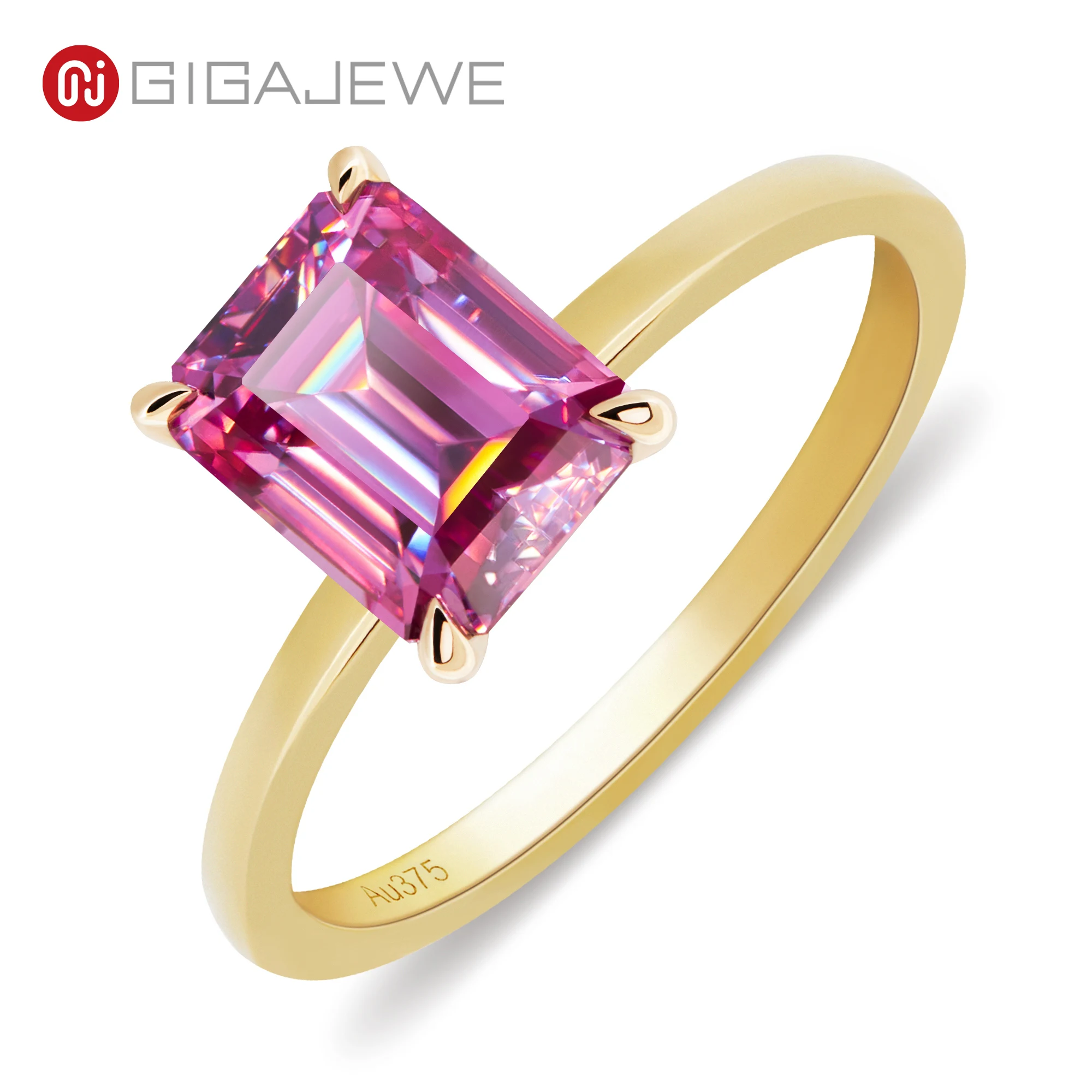 GIGAJEWE 3.0ct 7x9mm Pink Color Moissanite VVS1 Emerald Cut 18K Yellow Gold Ring Jewelry Woman Girlfriend Engagement Gift