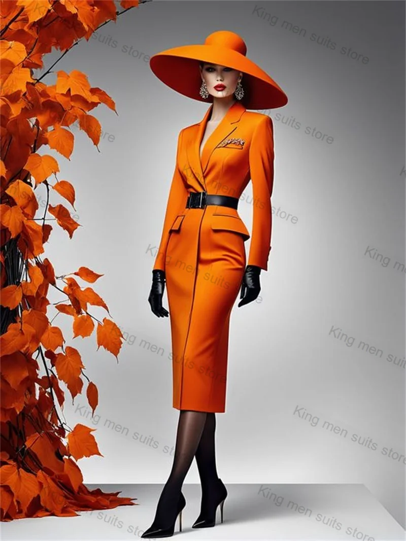 orange-women-suit-skirt-1-piece-long-blazer-with-belt-customized-cotton-formal-wedding-tuxedos-jacket-maxi-prom-dress-coat