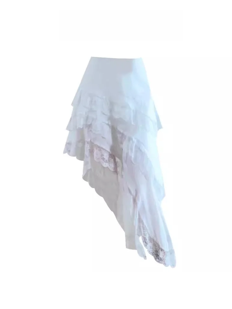 

White Asymmetrical Lace f Skirt Women's Summer 2025 New Sweet Elastic Waist Midi Skirt Commute Vintage Regular Thin