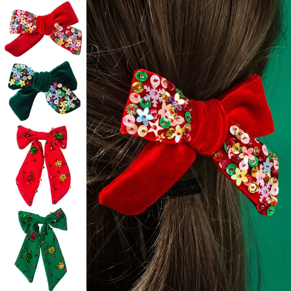 Personality Snowflake Christmas Hair Clip Flower Sequin Christmas Star Barrettes Crystal Shiny Xmas Velvet Bow Hairpin Christmas