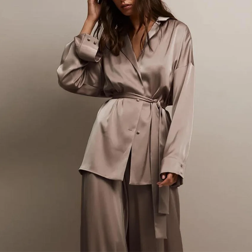 High Quality Satin Women's New Style Sets Casual Long Sleeve Shirt Straight Pants Suit Female Loose Tops Two Pieces Outfits