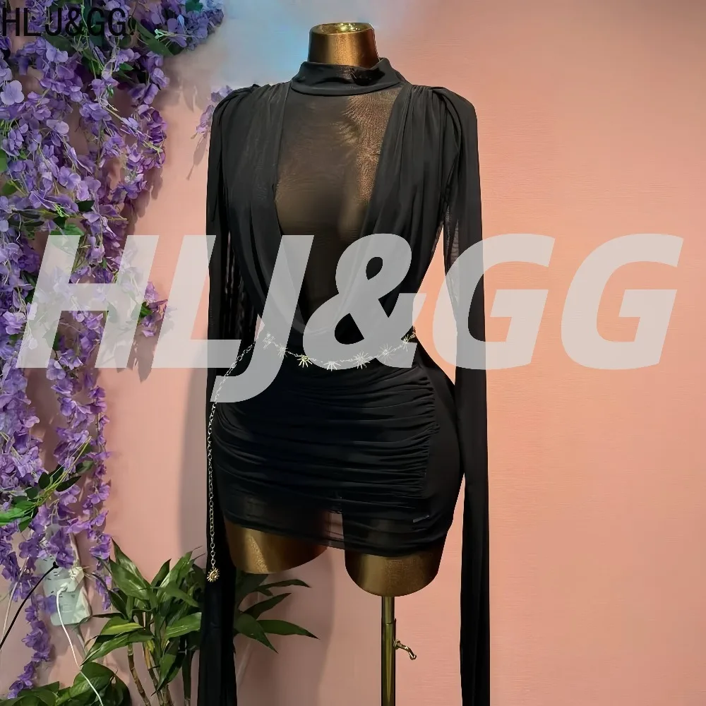 

HLJ&GG Sexy Mesh See Through Bodycon Dresses for Women Solid Color Deep V-neck Sleeveless Dress Female Streetwear Vestidos New